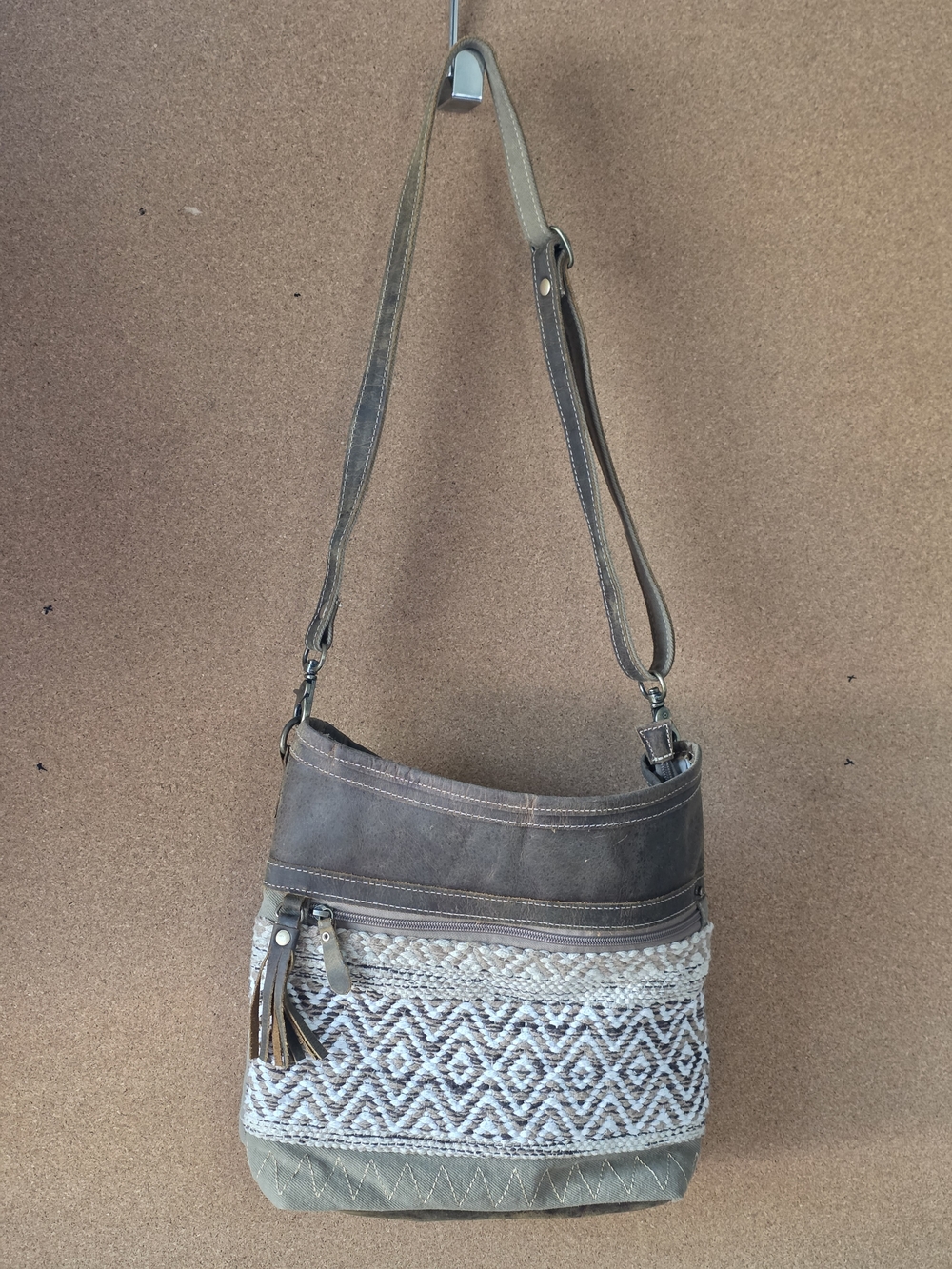 Myra Bag Leather & Woven Canvas Crossbody Tote  Boho Southwest 14x12 Shoulder
